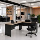 Ver imagem 1 de Mesa de Escritório em L 140x60cm com 2 Gavetas + Cadeira de Escritório Ergonômica Reclinável