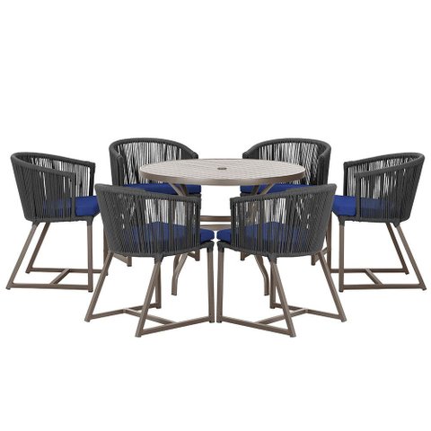 Mesa com 6 Cadeiras de Jantar Roma 120cm e Noronha em Alumínio Marrom Corda Náutica Estofado 10 Tram