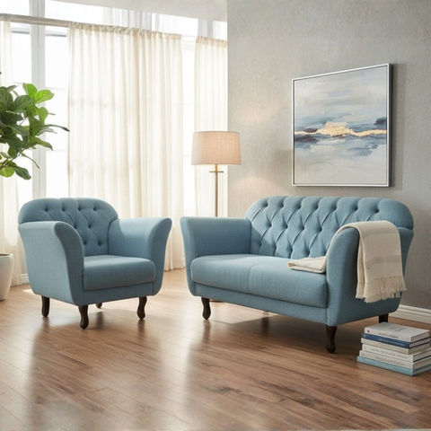 Kit Namoradeira + 1 Poltrona Decorativa Dália Linho Azul Pés Madeira