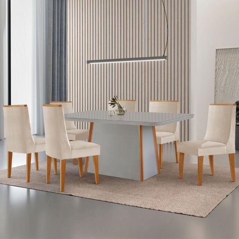 Mesa de Jantar Diane 180cm Tampo MDF Vidro 6 Cadeiras Lisboa Moderna Veludo Creme Off White Naturale