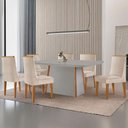 Ver imagem 1 de Mesa de Jantar Diane 180cm Tampo MDF Vidro 6 Cadeiras Lisboa Moderna Veludo Creme Off White Naturale