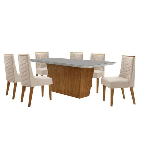 Mesa Sala de Jantar Aida 180cm e 6 Cadeiras Safira Moderna Veludo Creme/off White/imbuia