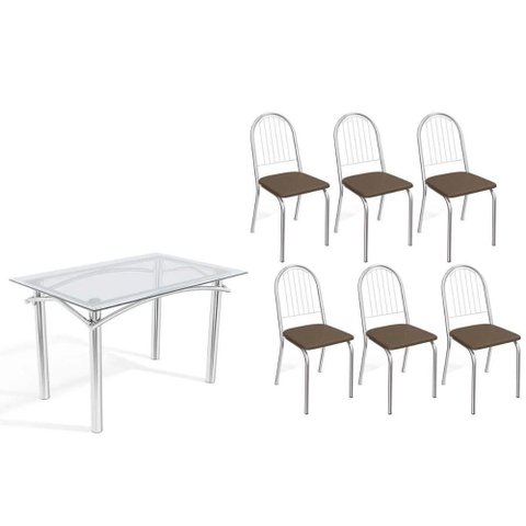 Sala de Jantar Completa Elba C/ Tampo de Vidro 120cm e 6 Cadeiras Noruega Cromada - Courano Marrom