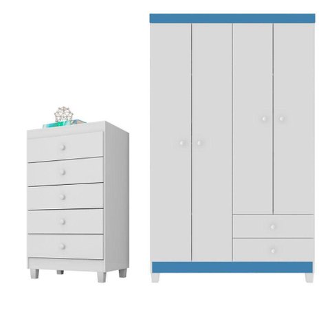 Guarda Roupa Infantil 4 Portas Cômoda 5 Gav Branco Azul