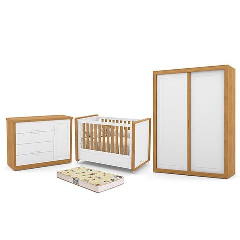 Dormitório Tutto New 2 Portas, Cômoda 1 Porta, Berço Branco Soft/Freijó com Colchão D18 - Matic Móve