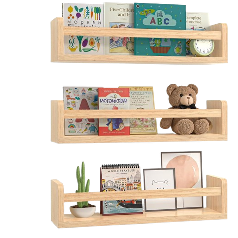 Prateleiras Flutuantes de Parede para Quarto Infantil , Madeira Natural, Conjunto de 3 Prateleira