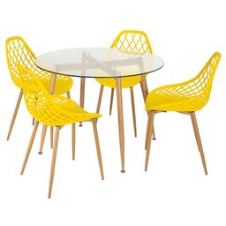 Mesa redonda com tampo de vidro 100 cm + 4 cadeiras Clarice Cloe Amarelo - 1