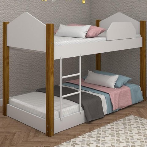 Beliche Infantil Vale Verona com Escada e Grade MDF Branco e Mel 77cm Divaloto Móveis