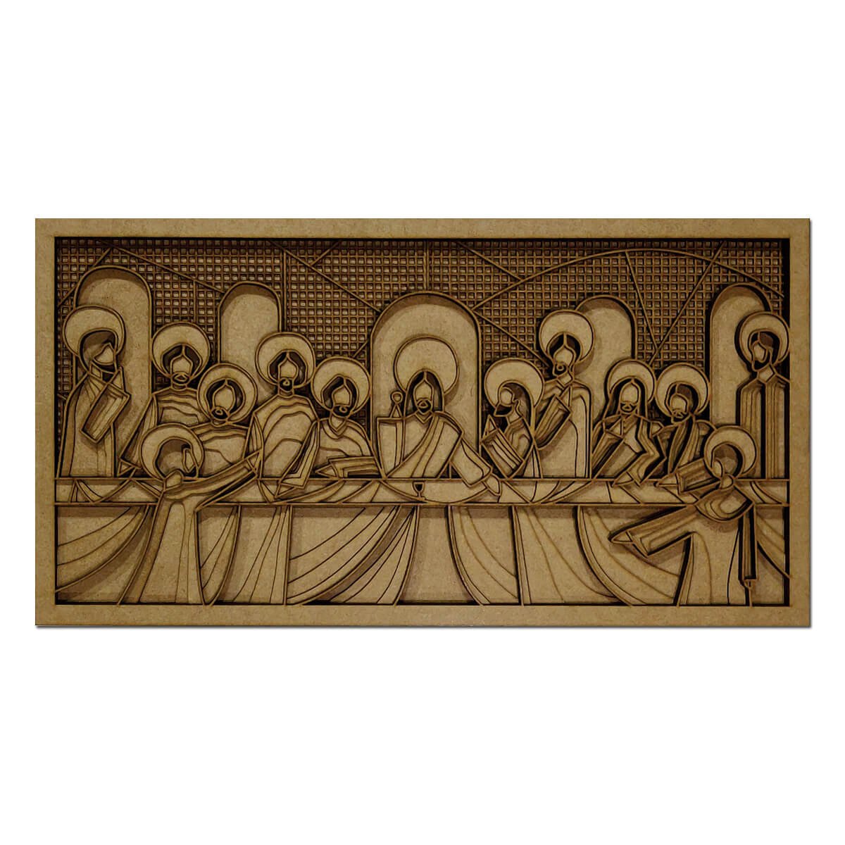 Quadro Santa Ceia em camadas ( cru + verniz ) Woodhead 34,5x66 cm