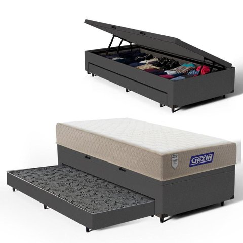 Cama Box Baú + Colchão Gazin de Espuma D28 Double Face Force Plus + Auxiliar de Espuma Solteiro