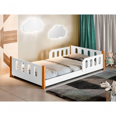 Cama Infantil com Grade de Proteção Branco com 2 Luminárias