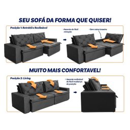 Sofá Cama Retrátil Reclinável 3,00m Bangkok Suede Velut Cinza Molas no Assento - King House - 4