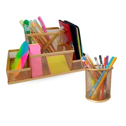 Kit Escritório Organizador de Mesa Escritório e Porta Caneta Rose Gold Dourado - Kit 4 Dourado - 1