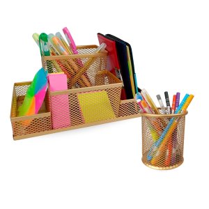 Kit Escritório Organizador de Mesa Escritório e Porta Caneta Rose Gold Dourado - Kit 4 Dourado