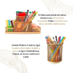 Kit Escritório Organizador de Mesa Escritório e Porta Caneta Rose Gold Dourado - Kit 4 Dourado - 3