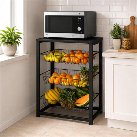 Fruteira para Cozinha com Suporte para Micro-Ondas 3 Cestos Ferro Preto Tampo Preto