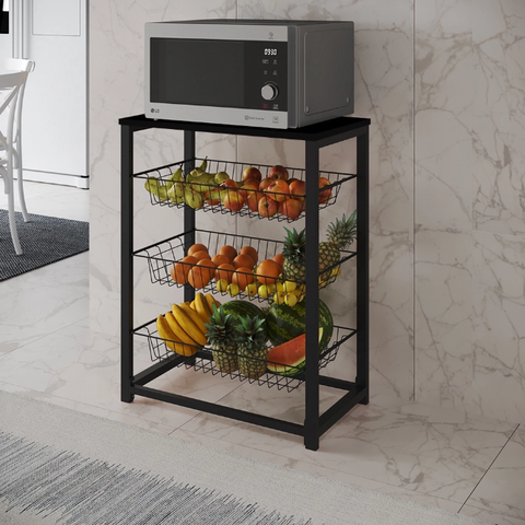 Fruteira com Suporte para Micro-ondas Barcelona Aço Preto Cesto Preto Tampo Preto