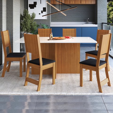 CONJUNTO DE SALA DE JANTAR PREDILLETA ATENAS 170 CM COM 6 CADEIRAS FREIJÓ/OFF-WHITE ASSENTO PRETO