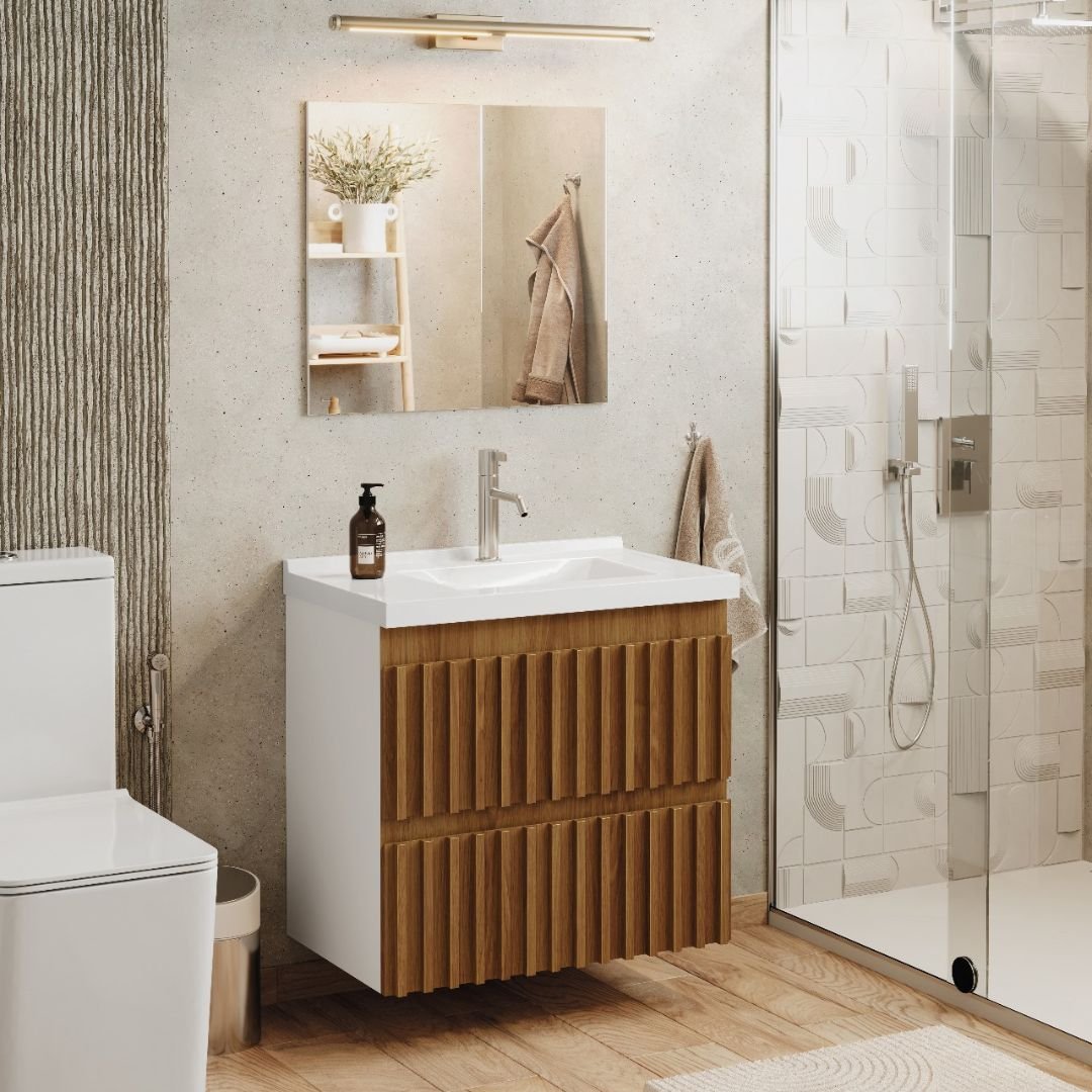 Ver imagem 1 de Kit Armário de Banheiro Ripado 66 Cm Freijó C/bancada Sintética Branca