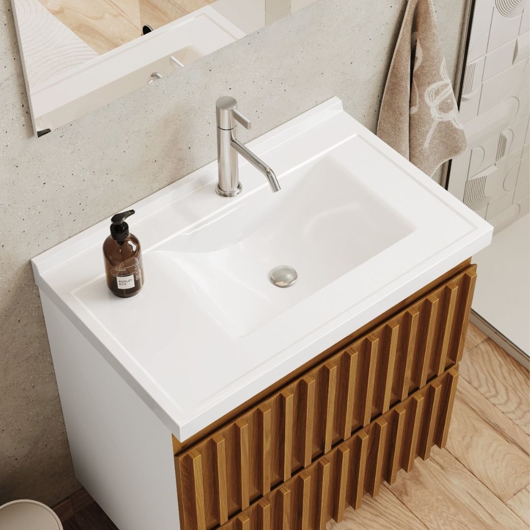 Ver imagem 2 de Kit Armário de Banheiro Ripado 66 Cm Freijó C/bancada Sintética Branca