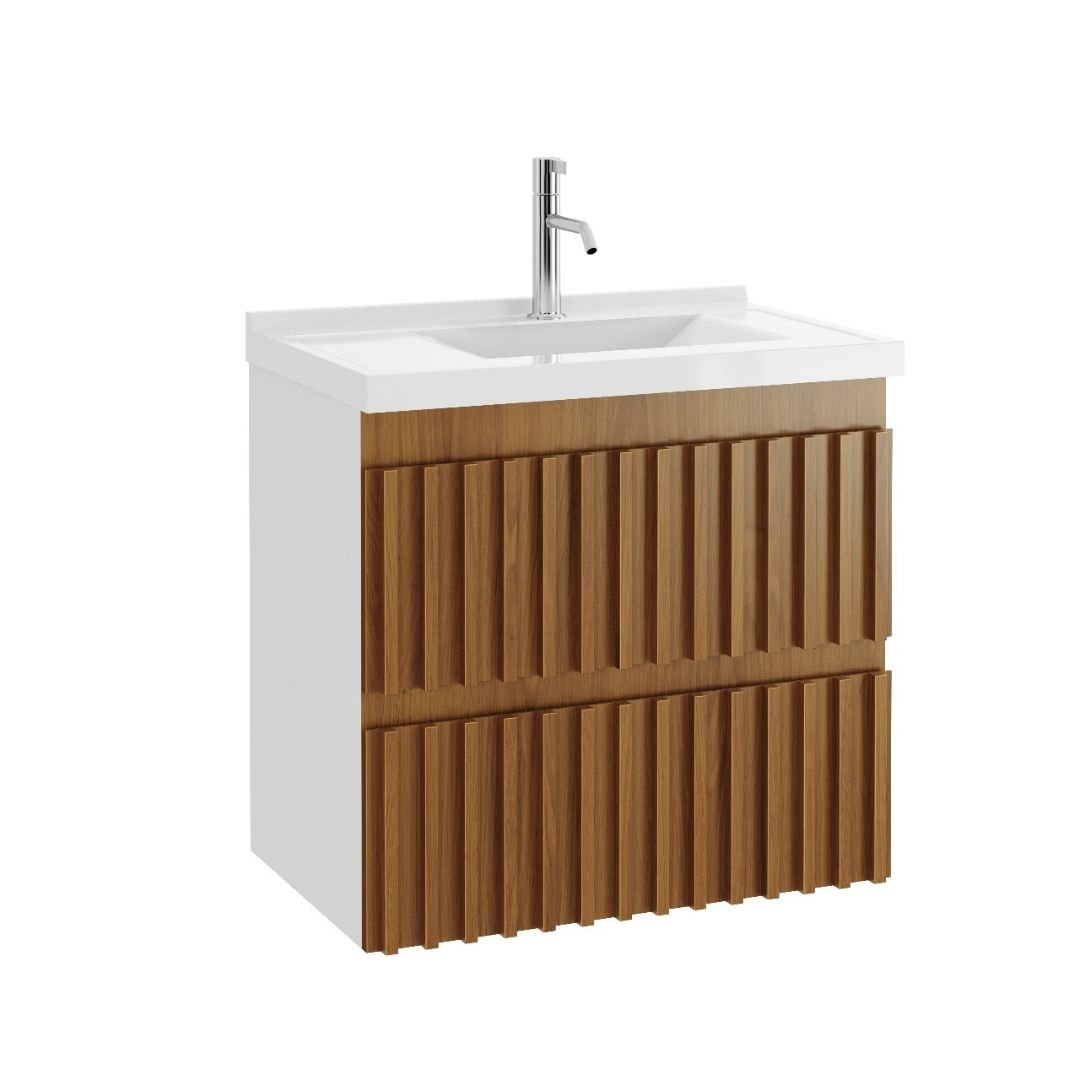 Ver imagem 6 de Kit Armário de Banheiro Ripado 66 Cm Freijó C/bancada Sintética Branca