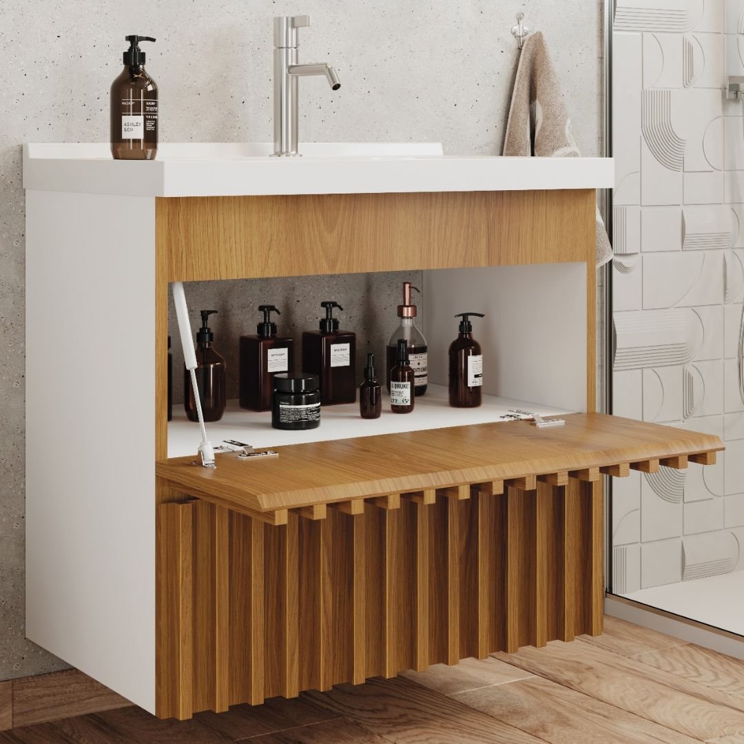 Ver imagem 3 de Kit Armário de Banheiro Ripado 66 Cm Freijó C/bancada Sintética Branca