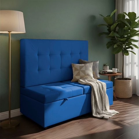 Canto Alemão Recamier Bau + Painel Paris 140cm Suede Azul Marinho - Clique Decor
