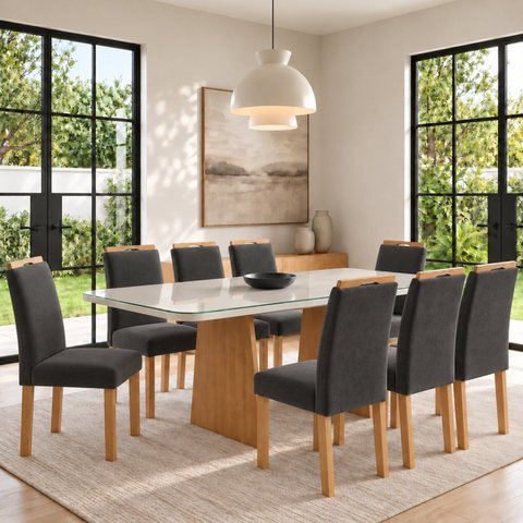 Conjunto Sala de Jantar 8 Lugares Retangular Tampo Vidro/MDF 200x90cm Mesa e Cadeiras Lyra