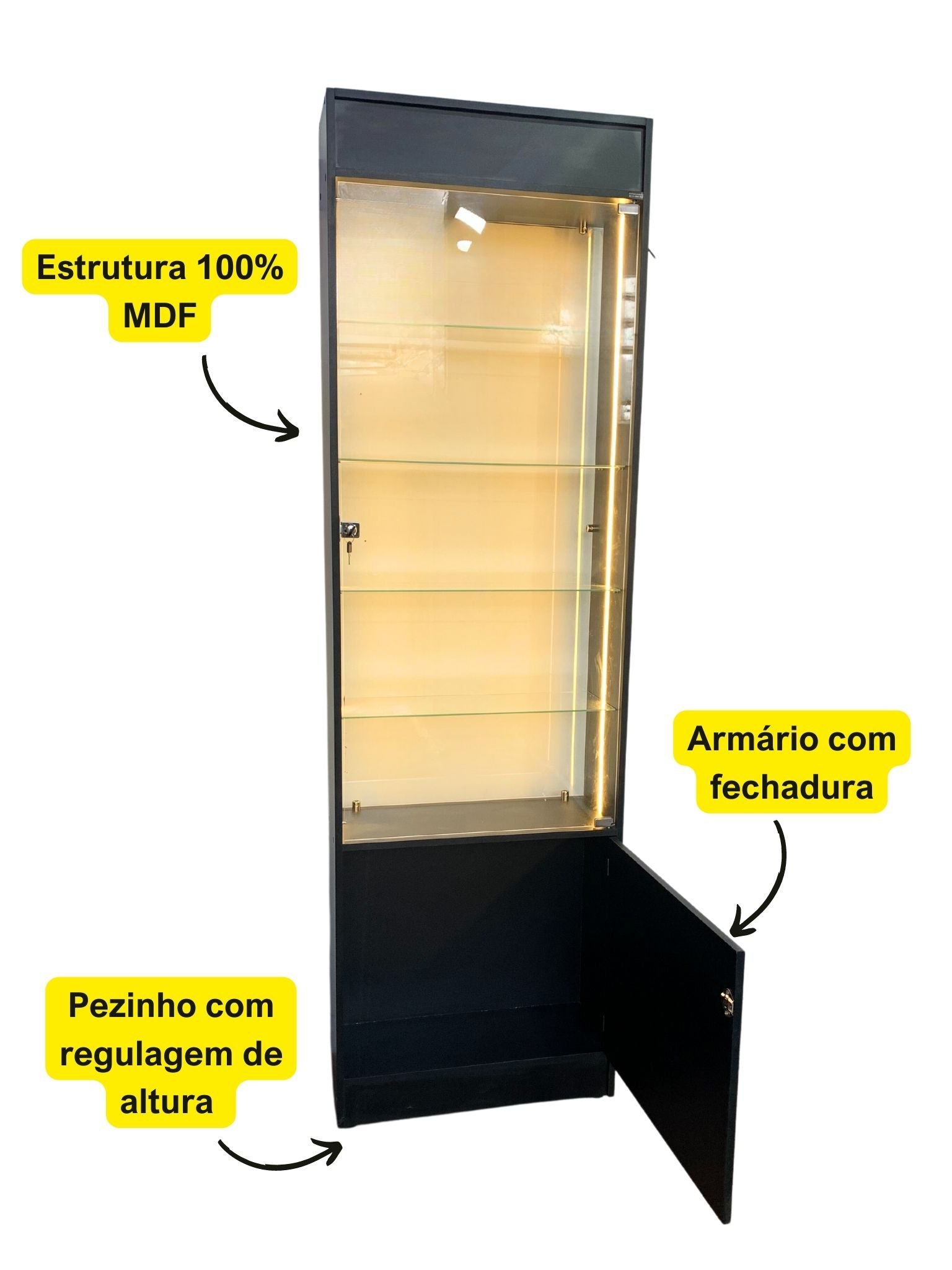 Vitrine Porta Vidro Preta Super LED Estoque Perfumaria Ótica - 3