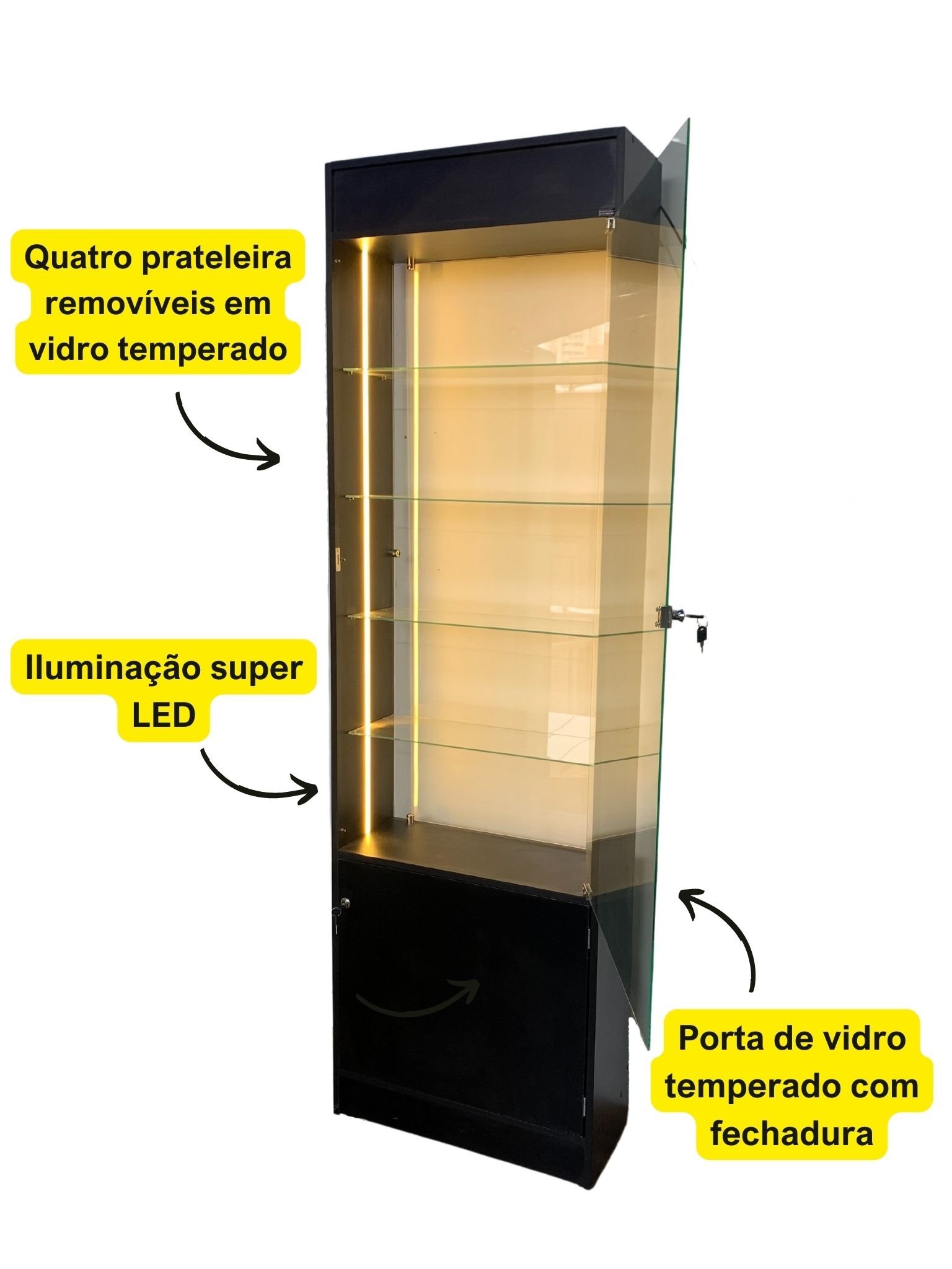 Vitrine Porta Vidro Preta Super LED Estoque Perfumaria Ótica - 4