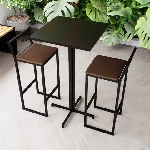 Conjunto Mesa Alta Bar Bistrô Quadrada Preta 2 Banquetas Confort Estofado Black Don Castr