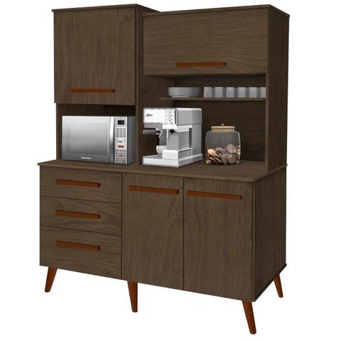 Armário Kit cozinha Bredas estilo retrô pés palito com 3 gavetas + 4 portas cor Amêndoa amadeirado u