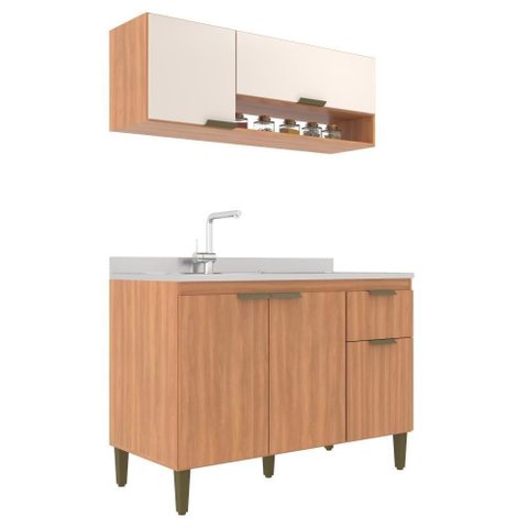 Cozinha Completa Alana 2 Peças 5 Portas 1 Gaveta MDP 120cm Freijó e Off White