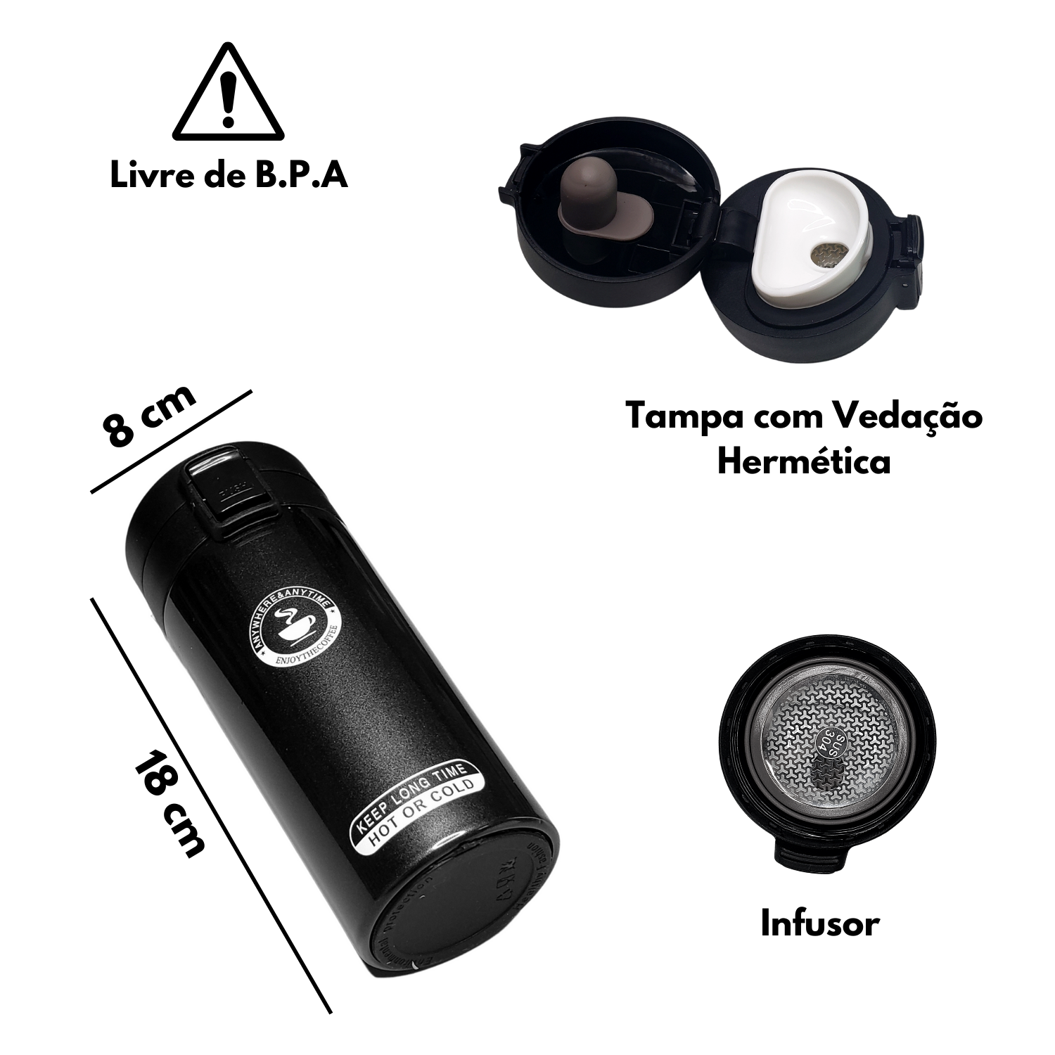 Copo Termico Cafe Infusor Preta Garrafa Caneca Vacuum 380ml - 4