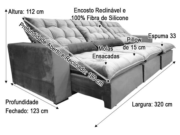 Sofá Retrátil Reclinável 3,20 m Cinza 330 Laura - 6