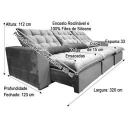 Sofá Retrátil Reclinável 3,20 m Cinza 330 Laura - 6