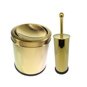 Kit Lixeira Dourada Aço Inox Basculante 3l e Escova Sanitária France Fineza