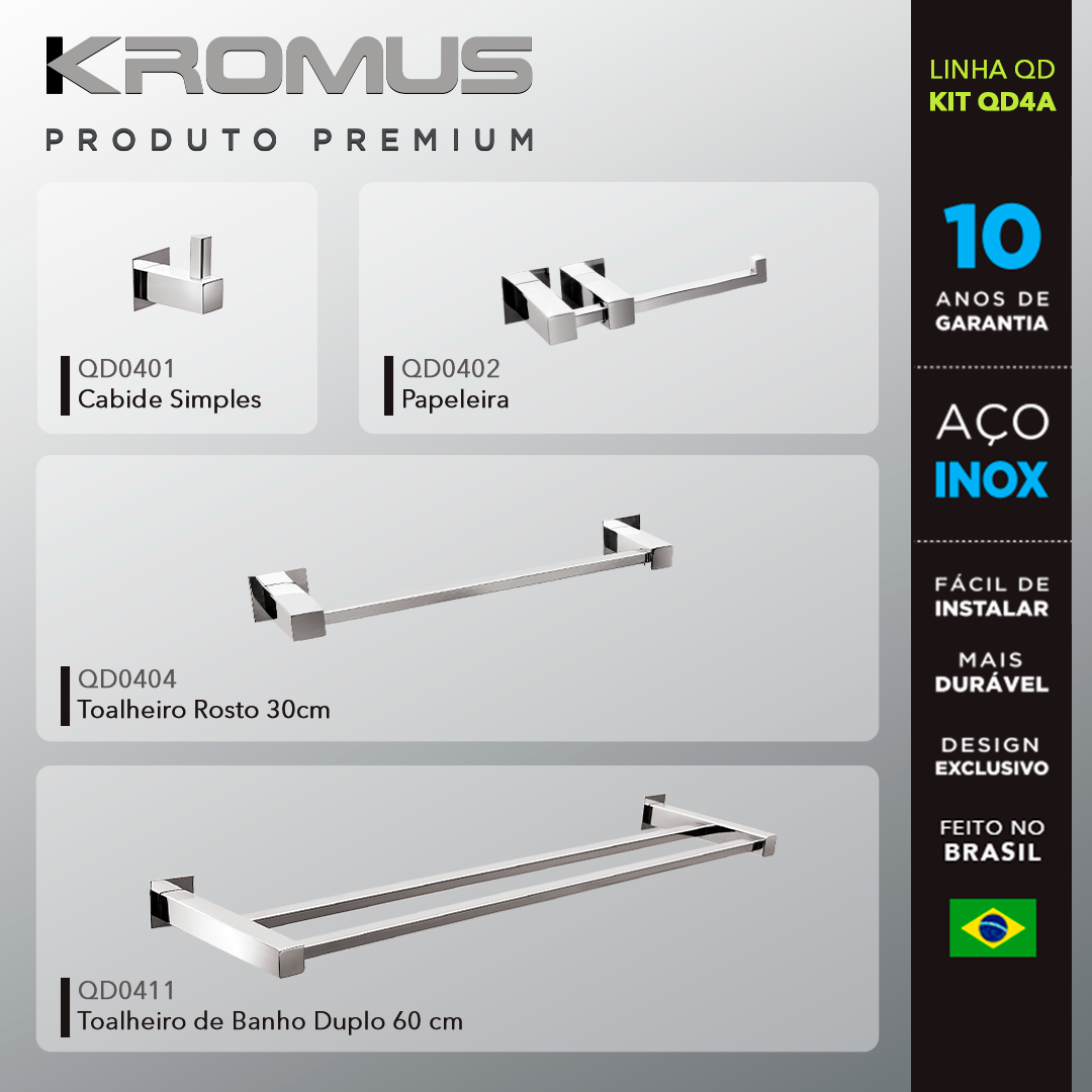 Kit Acessórios Para Banheiros 4 Peças Inox - Kromus Kitqd4a - 2