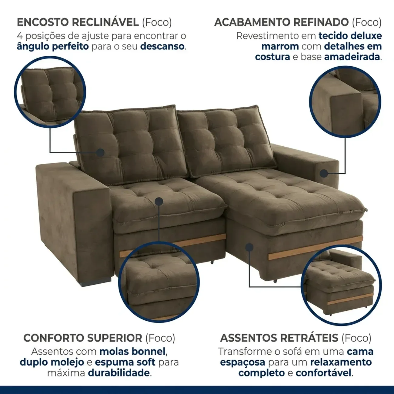 Ver imagem 4 de Sofá Retrátil e Reclinável 2 Lugares Vitto 230cm em Veludo Marrom