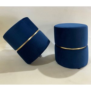 Kit 2 Puffs Redondo em Veludo Azul com Detalhe Dourado, Decorativo para Sala Moveis