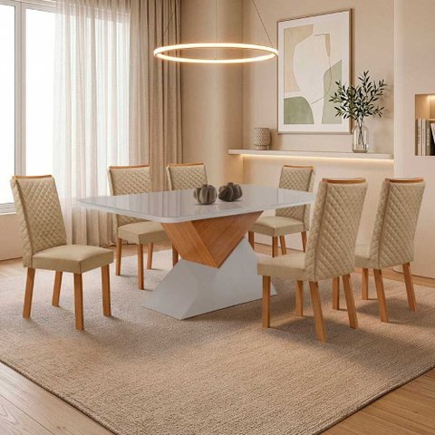 Mesa de Jantar Aster 180cm Tampo MDF e Vidro Canto Copo com 6 Cadeiras Lira Moderna