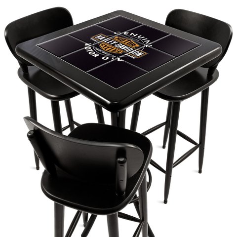Cj Mesa Madeira Azulejo 60x60cm - Bistrô Fixa 98cm + 3 Banquetas 73 - Preta - Harley Davidson Genuin