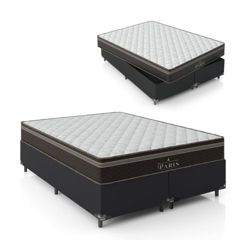 Cama Box Queen Bipartido + Colchão Paris Molas Ensacadas Pocket - 61x158x198cm - E-shop Casa - Couro