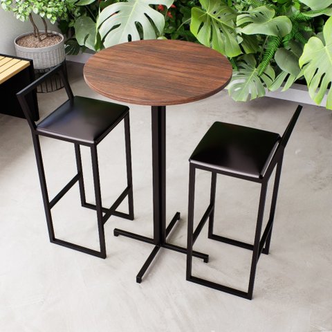 Conjunto Mesa Alta Bar Bistrô Redonda Imbuia 2 Banquetas Confort Estofado Don Castro
