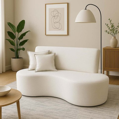 Sofá Dubai Curvo 2 Lugares Feijão Forma Orgânica Bouclé Bege