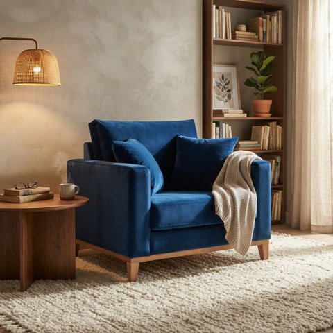 Poltrona Beny Decorativa com 2 Almofadas Veludo Azul Base em Madeira Maciça