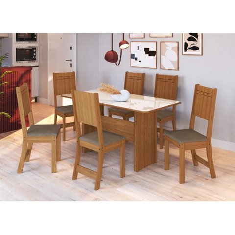 Conjunto Sala de Jantar Fidelitá Atenas 150cm com 6 Cadeiras Freijó/off-white Assento Cacau