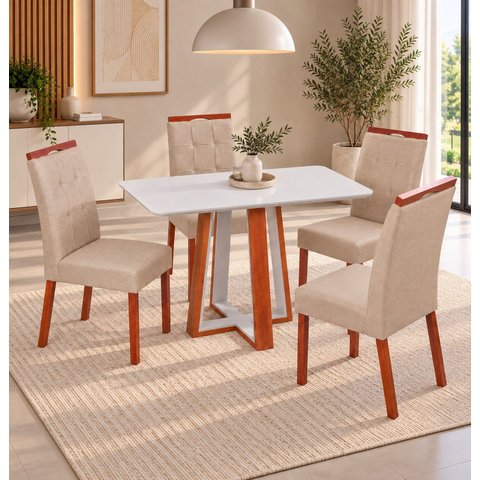 Conjunto Mesa Viena com 4 Cadeiras Madeira Maciça, Detalhe em Botonê e Estofada Espresso Moveis