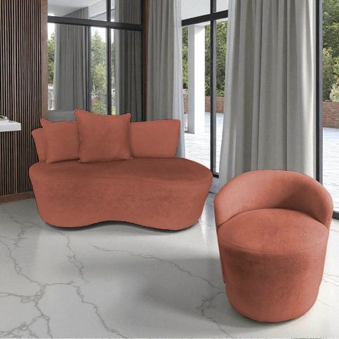 Kit Namoradeira + Poltrona Yara Orgânica Bouclé Terracota