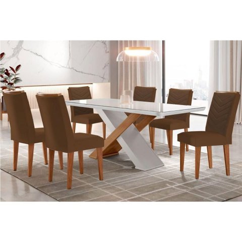 Conjunto: Mesa de Cozinha Imperatriz Tampo Madeirado C/ Vidro Canto Curvo 180x90 e 6 Cadeiras